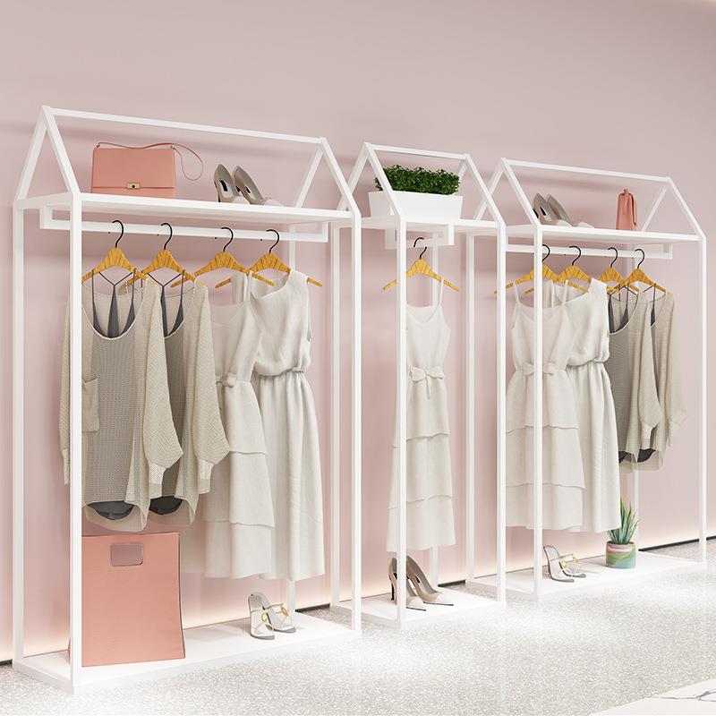 服装店展示架白色靠墙落地式组合高柜女装店正侧挂双层陈列货架子