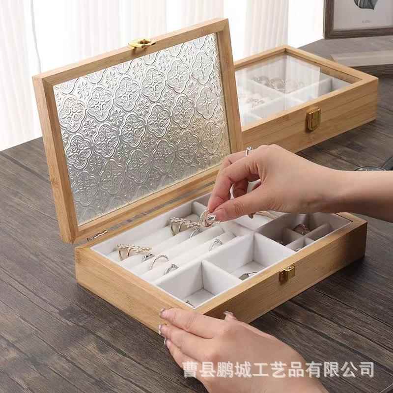 玻璃海棠花收纳盒翻盖式桌面整理木盒杂物首饰盒木质含内衬分格盒