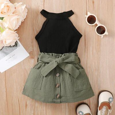 2PCS Baby Girl Clothing Set Ribbed Hanging Neck Top+Short Sk