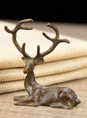 古玩杂项铜器梅花鹿小茶宠创意桌面摆件笔架笔搁包浆小鹿摆件