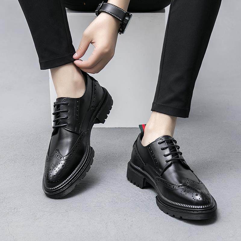 高档春布洛克男鞋韩式英商正式休闲务装黑色时髦尖头工作季皮鞋