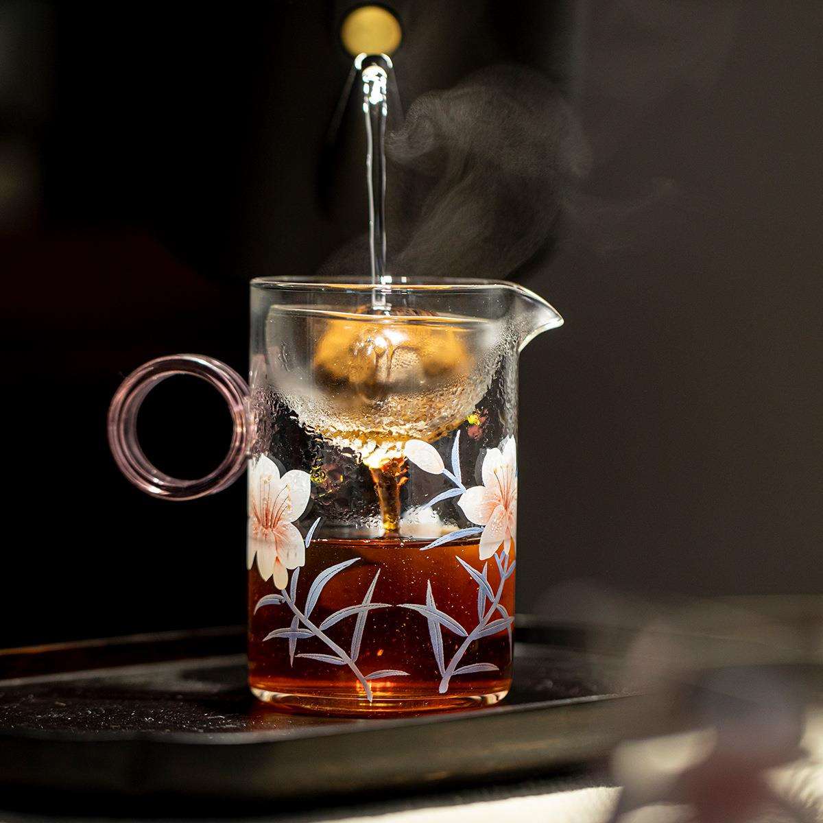 野有作高硼硅玻璃茶壶竹把贴花提梁壶家用电陶炉蒸茶壶煮茶器泡茶