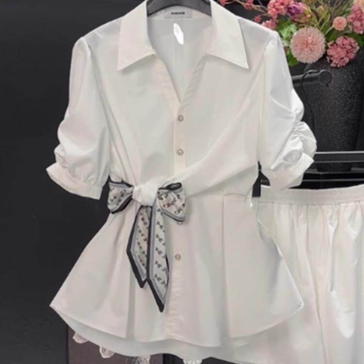 香港TIMO白色雪纺衬衫女短袖夏季薄款高级设计感小众收腰衬衫上衣