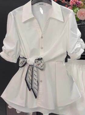 香港TIMO白色雪纺衬衫女短袖夏季薄款高级设计感小众收腰衬衫上衣