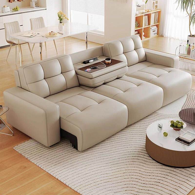 电动多功能真皮沙发床客厅2026新款大小户型奶油风可伸缩直排沙发