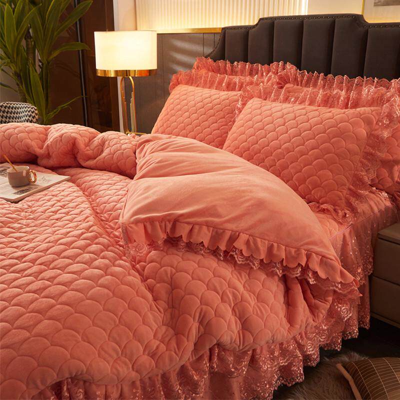 0WYV欧式夹棉加厚被套单件保暖水晶绒双面绒法兰绒被罩花边公主风