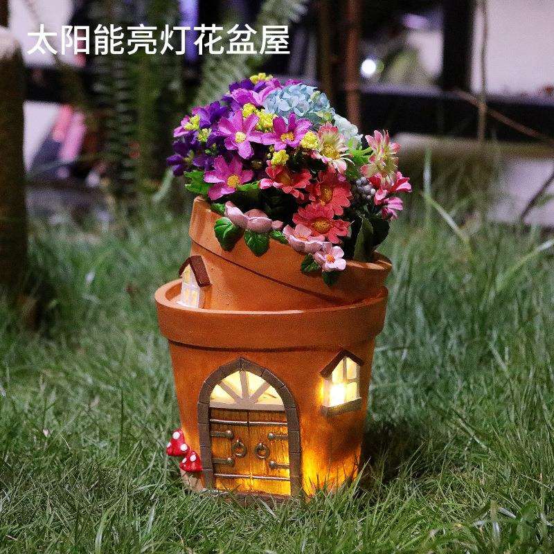 跨境树脂双花盆田园风绿植鲜花多肉阳台盆栽太阳能亮灯装饰品摆件