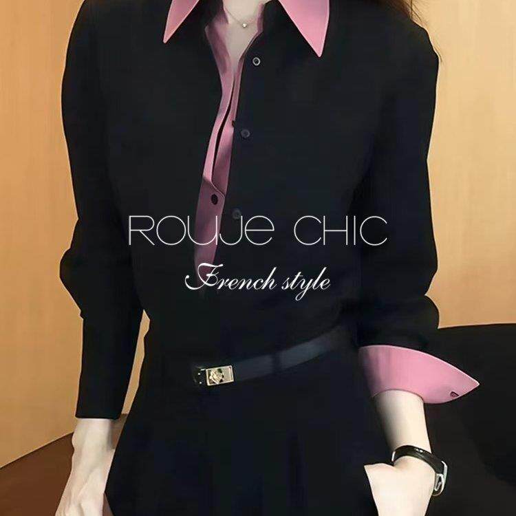 法国rouje chic春黑粉撞色假两件翻领衬衫女法式拼接时髦气质上衣