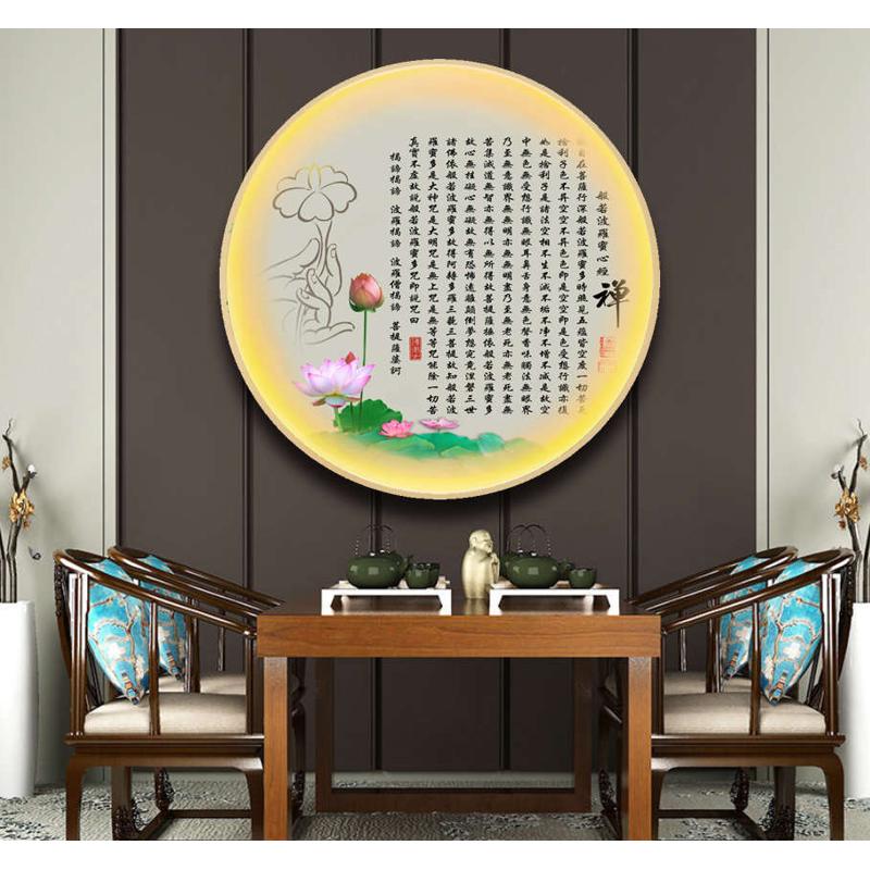 墙壁玄关装饰画观音灯荷花佛像新款光带客厅发茶室画圆形心经挂画图片