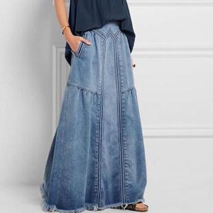 Women's Denim Maxi Skirt with Pockets Elastic High Waist