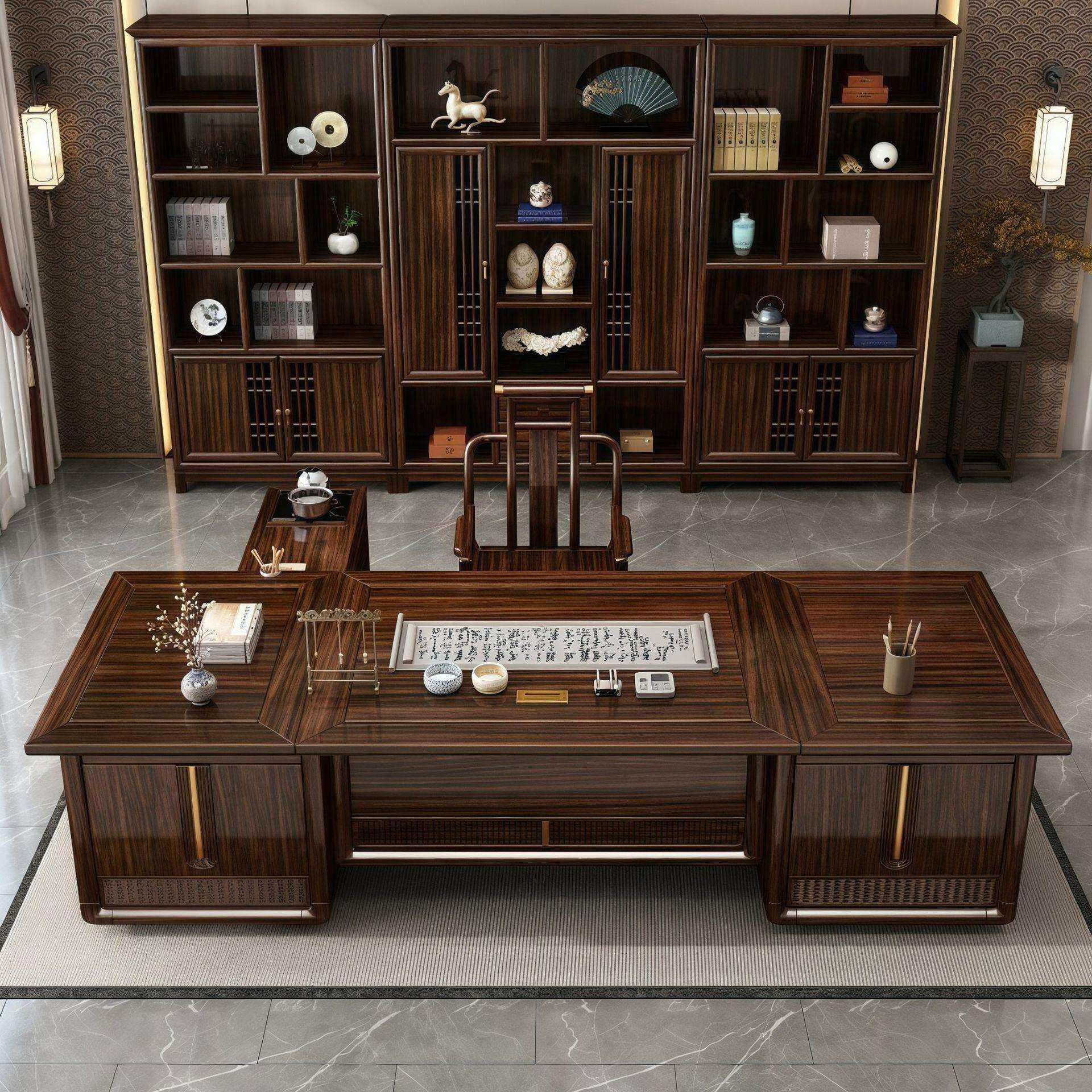 新中式大班桌实木老板桌椅组合经理总裁祥瑞办公桌椅全实木高端