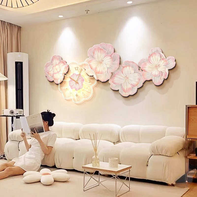 AW奶油风花卉客厅挂画带钟表轻奢高级感卧室壁画沙发背景墙装饰画,家居饰品,现代装饰画,淘宝优惠券,粉丝福利购,淘宝优惠卷