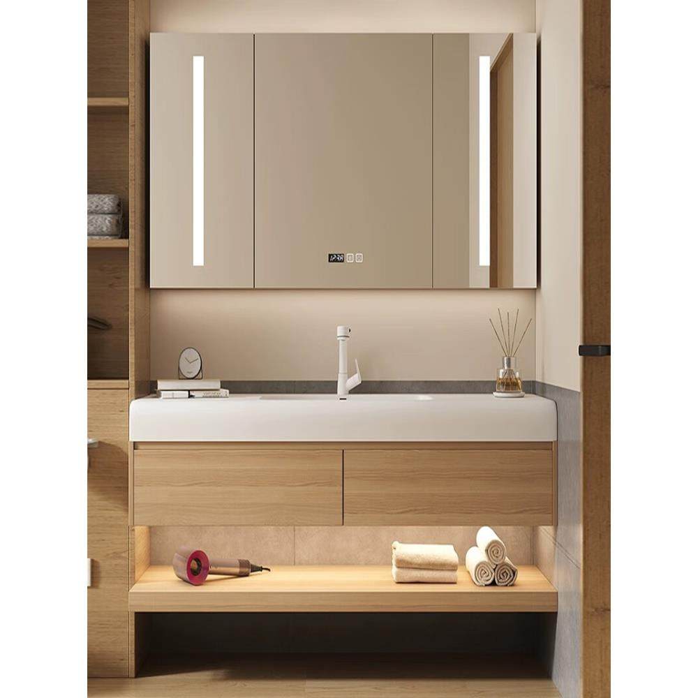 原木风可丽耐岩板热弯无缝一体盆橡木浴室柜组合洗脸洗漱台盆定制