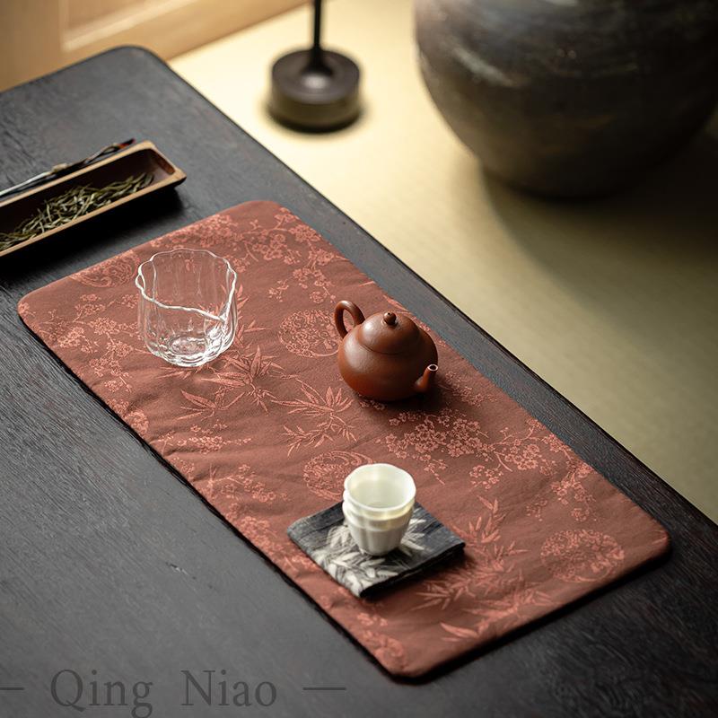 复古香云纱茶席手工瑞鹤双面防水茶垫布禅意桌旗桌布创意茶具配件
