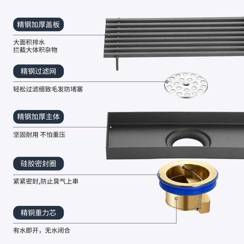 新款直销枪灰长条形地漏长形304不锈钢防臭全铜芯卫生间浴室长方