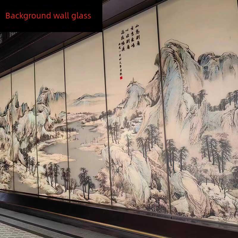 真丝玻璃6+6超白山水画夹层玻璃水墨屏风隔断背景墙真丝玻璃