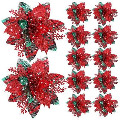 5/10Pcs Glitter Pink Christmas Flowers Xmas Tree 14cm Artifi