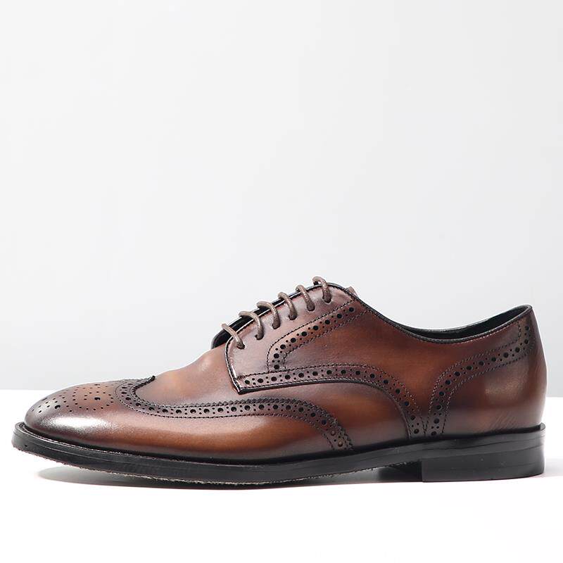 正品日常通软勤覆闲古圆头休 皮鞋男商务真皮底透英伦布气洛克雕