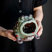 清水复古柴烧陶瓷烟灰缸创意中式 三角金蟾多功能倒流香盘香底座