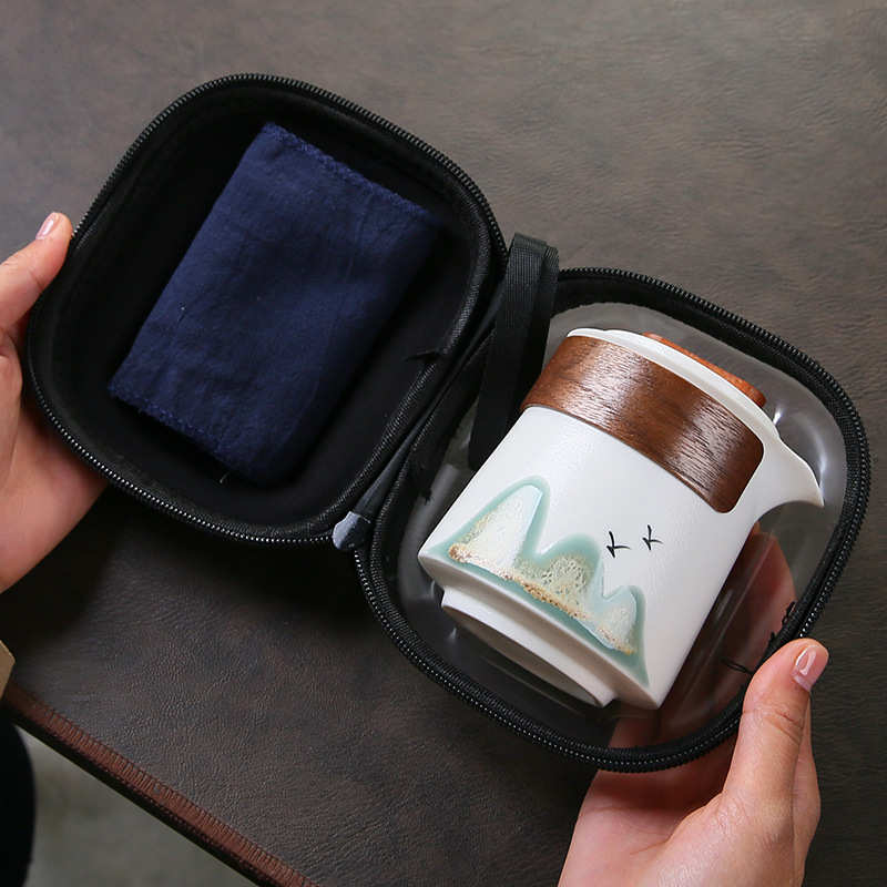 千里江山陶瓷快客杯一壶二杯商务旅行茶具便携包套装户外泡茶壶