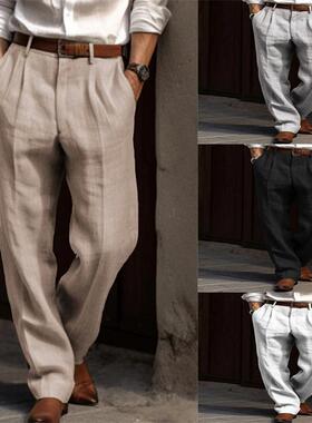 Men's linen pants, double pleated front pocket, straight