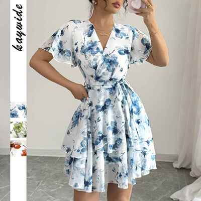 Printed short sleeved cake skirt half skirt dress women's