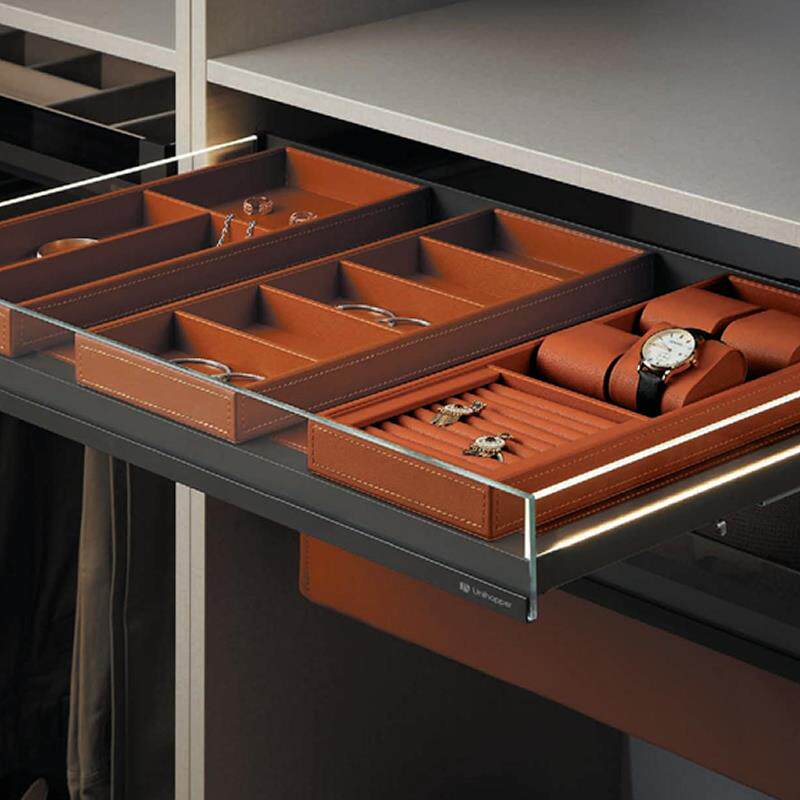 库博橙皮质首饰收纳多宝盒裤架LED灯玻璃衣物篮阻尼抽屉衣橱拉篮