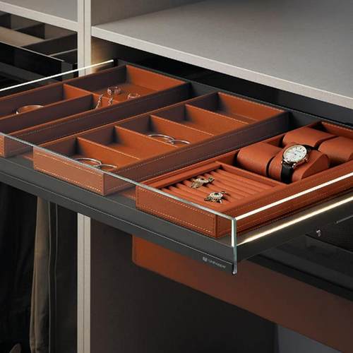库博橙皮质首饰收纳多宝盒裤架LED灯玻璃衣物篮阻尼抽屉衣橱拉篮