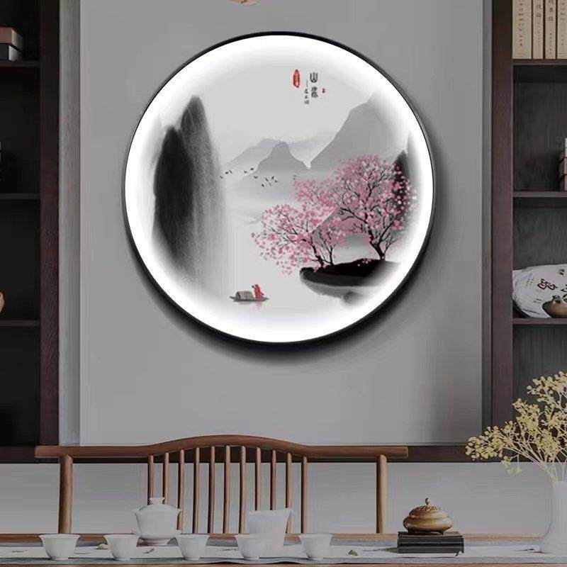 新中式玄关装饰画餐厅圆形带灯画茶室背景墙水墨山水挂画走廊壁画