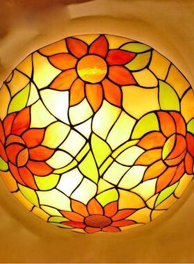 工厂式复古吸顶灯厅灯lH464e客d餐欧厅室书阳台过道彩色玻璃吸顶