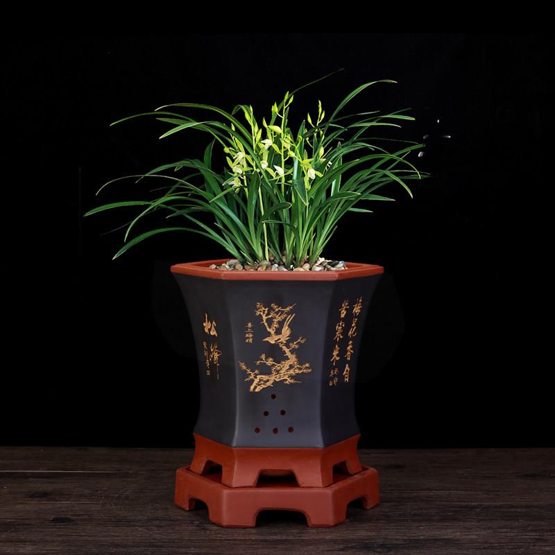 手工紫砂六角花盆 墨兰专用陶瓷花盆 中国风描金刻绘花盆 透气紫