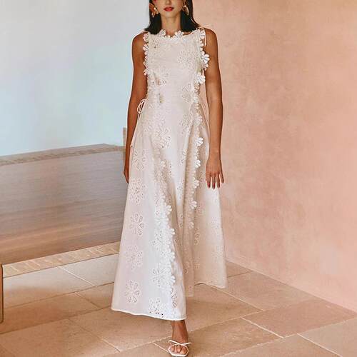 LIKEMYCHOICE 2026 Elegant Crochet Eyelet White Maxi Dress