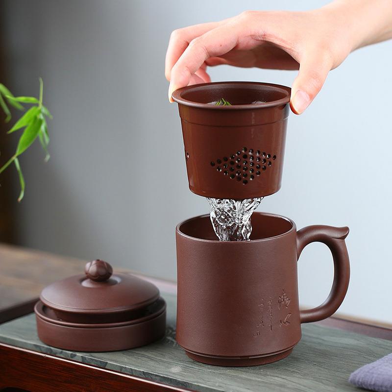 宜兴紫砂杯手工五件套内胆过滤茶水分离莲花男女士办公室泡茶杯子