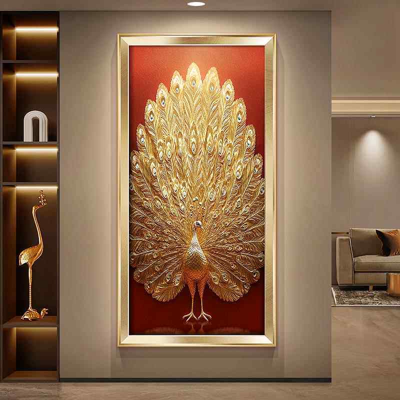 轻奢孔雀开 屏玄关装饰画 画金箔色走廊过道挂画 画高级感立体入