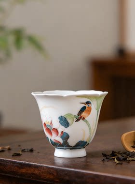 高档撕毛工艺主人杯 省大师邓剑波釉下五彩手绘陶瓷茶杯轻奢茶器