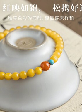 2026正宗蜜蜡手串女款天然鸡油黄色南红绿松石多宝手链串珠配饰首