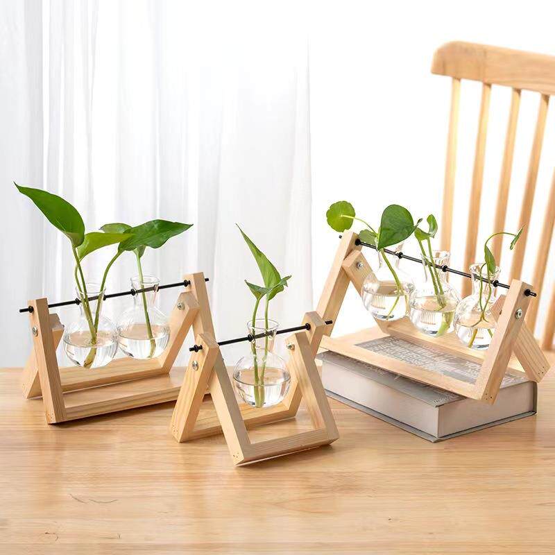 创意木架水培容器绿萝玻璃花器室内小花瓶办公室桌面装饰摆件