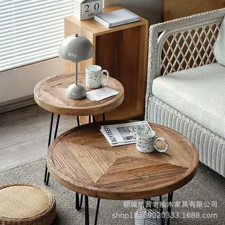 榆木小桌子圆形小家居茶几客厅方形炕榻榻米组合小号老几复古茶桌