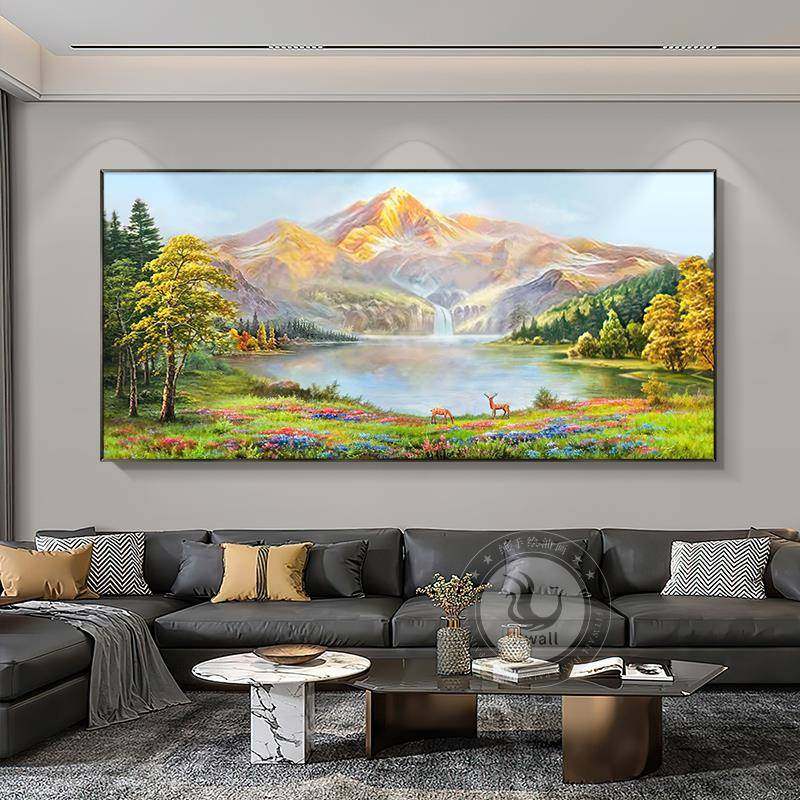 手绘油画金HIO山风景画厅聚饰盆宝鹿现代简约美式客沙发背景西墙