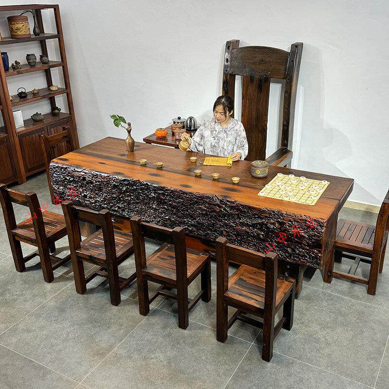 老船木茶桌椅组合实木功夫泡茶台办公大板桌干泡台中式彷古诧寂风