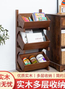 现货复古落地式置物架客厅装饰水果收纳篮多层木质杂物收纳架