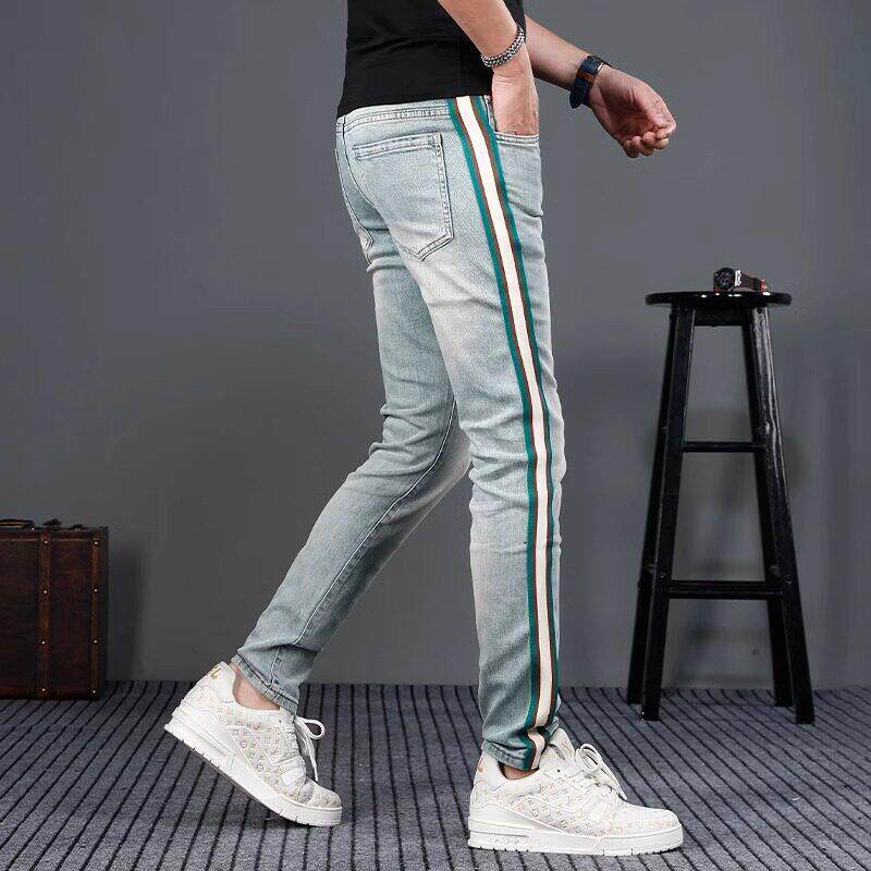 浅蓝色牛仔裤男款欧货进口高端春季新款修身时尚条纹弹力休闲长裤