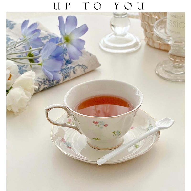 SHˇ漂亮碎花杯碟套装法式咖啡杯高颜值设计感小众陶瓷带勺杯子