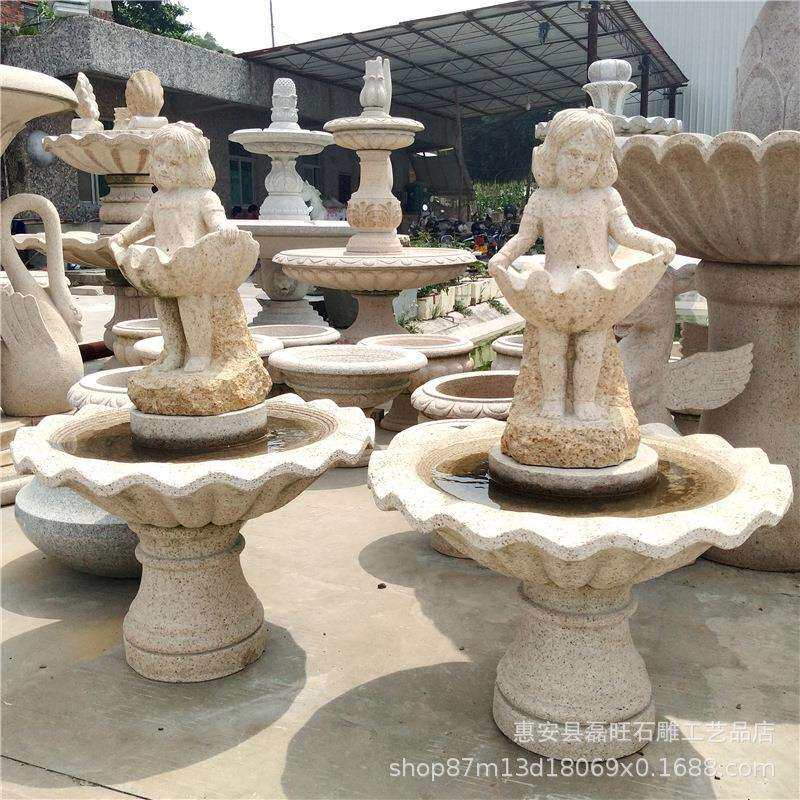 石雕欧式喷泉花岗岩西方人物雕塑花钵叠水盆酒店小区流水摆件工艺