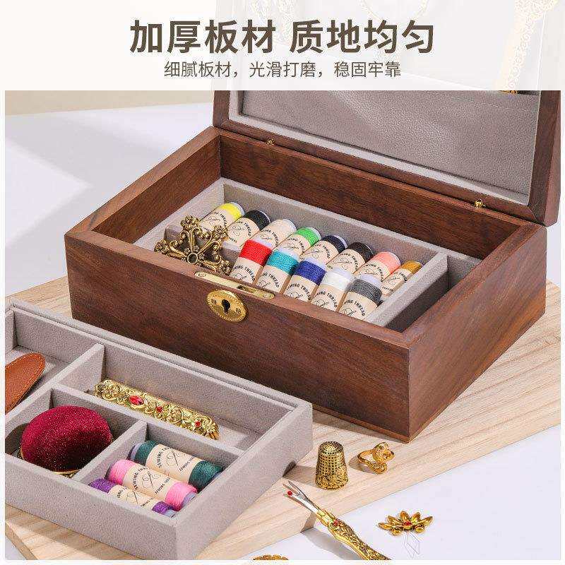 新品高档实木便携式针线盒 手工缝纫工具针线收纳 首饰盒双层收纳
