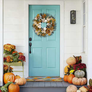 豪贝秋季新款感恩节装饰品花环丰收季枫叶白南瓜花环秋天门廊挂件