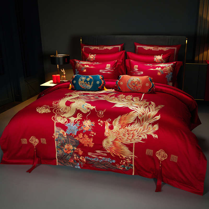 婚庆家纺红色四件套100支长绒棉刺绣十件套结婚床上用品陪嫁