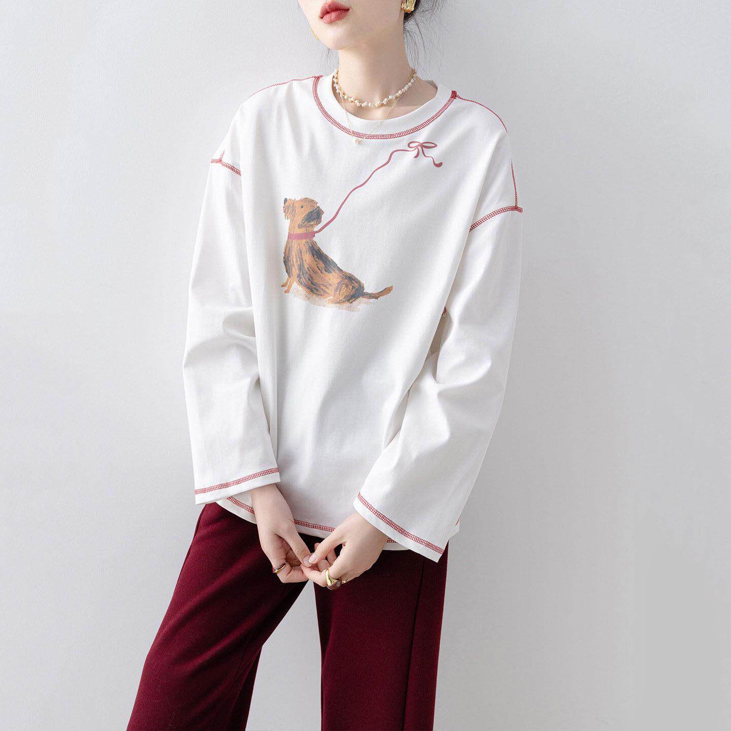 Canary Kiss白色辑明线长袖T恤女士春夏卡通印花宽松圆领套头上衣