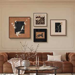 抽象画小众复古组合壁画 饰画中古风挂画美式 法式 客厅沙发背景墙装