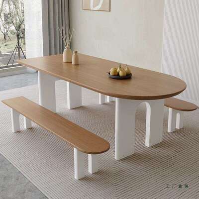 奶油风实木原木岛台餐桌异形长方形靠墙半圆弧椭圆书桌餐桌椅组合